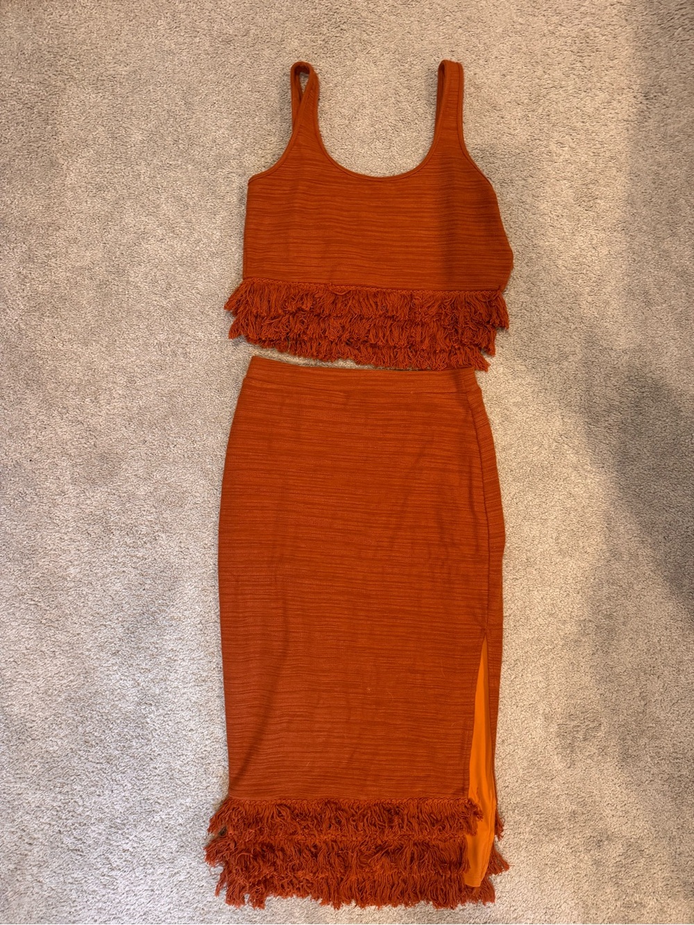 Saylor Two-Piece Rust Fringe Crop Top & Skirt Set